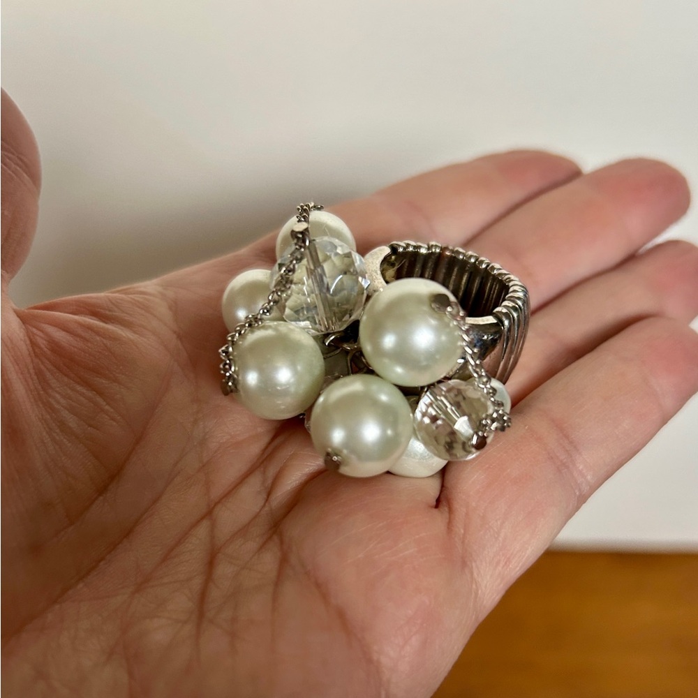 Faux Pearl Crystal and Chains Statement Cluster Cha Cha Stretch Band Ring